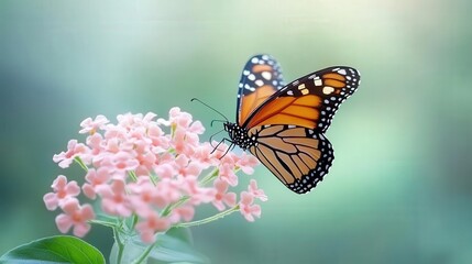 Fototapeta premium A vibrant monarch butterfly resting on a delicate pink flower, showcasing nature's beauty and harmony in soft focus.
