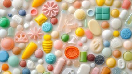 A colorful arrangement of various candies, gummies, and sweets, perfect for showcasing vibrant confectionery designs.