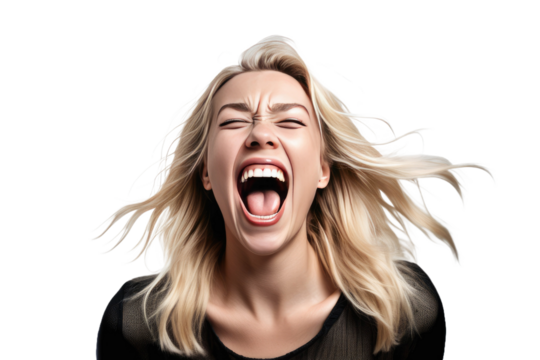 Smiling blond woman, perceived to be trendy and joyous, captured mid-laughter, screams echoing happiness, set against an isolated white or transparent backdrop for a stock photograph