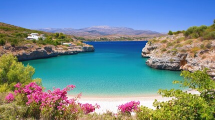 Obraz premium This stunning cove features crystal clear water and a white sand beach nestled between cliffs, adorned with vibrant pink bougainvillea, perfect for a romantic getaway