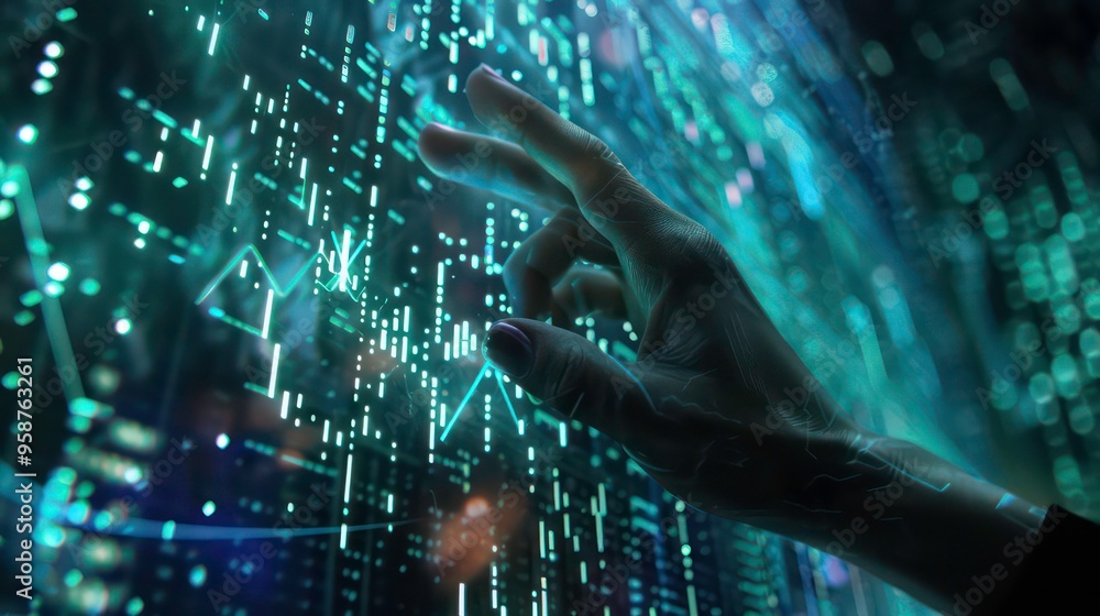 Poster a hand interacts with a glowing digital interface, showcasing data and information.