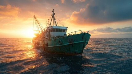 Obraz premium A fishing vessel navigates the ocean at sunset, casting a serene reflection on the waves, showcasing nature's beauty.