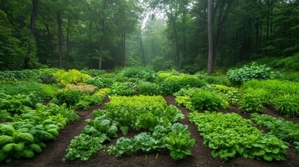 Fototapeta premium Lush green vegetable garden in a serene forest, showcasing vibrant crops and a peaceful atmosphere after a gentle rainfall.