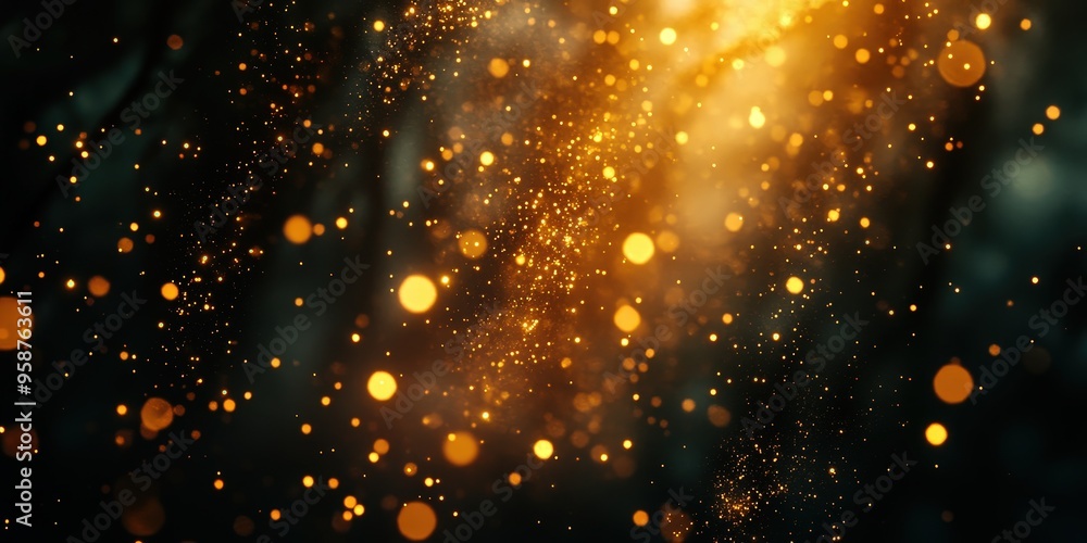 Poster ethereal golden particles floating in mystical dark atmosphere creating magic