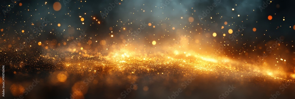 Poster abstract glowing particles in a dark hazy atmospheric background