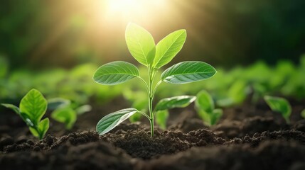 Fototapeta premium A young plant emerging from rich soil, basking in sunlight, symbolizing growth and renewal in nature.