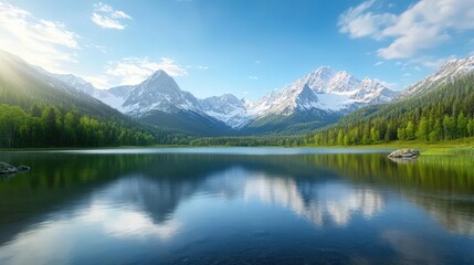 Stunning landscape of serene lake surrounded by majestic mountains under a clear blue sky, perfect for nature lovers and tranquility seekers.