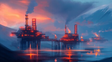 Obraz premium Offshore oil rig operating among clouds during sunset. Industrial energy production at sea.