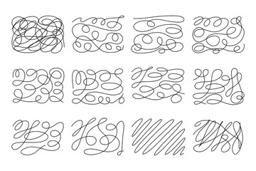 Set of hand drawn chaotic wave, swirling, black lines, knots, patterns. Vector illustration of abstract texture in flat style on white isolated background.