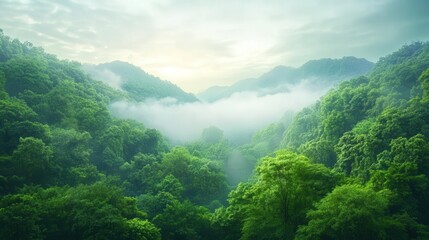 Fototapeta premium Serene landscape of lush green trees and misty mountains, capturing the tranquility of nature at dawn.