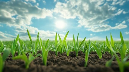 Obraz premium Vibrant green grass blades reaching for the sun under a bright blue sky, showcasing nature's beauty and growth.