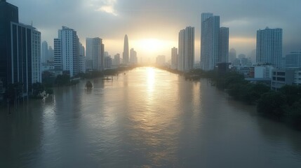 Fototapeta premium A stunning cityscape at sunset, showcasing a serene river surrounded by skyscrapers under a dramatic sky.