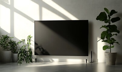 Fototapeta premium A Modern Interior with a Flat Screen TV and Plants
