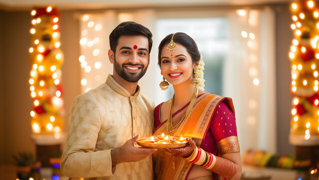 Young happy Indian couples holding puja thali and celebrating Diwali festival together wearing traditional attire
