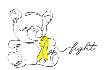hand drawn line art vector of a teddy bear with yellow ribbon saying fight. Childhood cancer awareness.