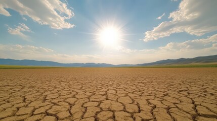 A vast, arid landscape showcasing cracked earth under a bright sun, highlighting drought and climate change effects.
