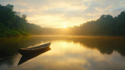 Serene lake at sunrise with a lone boat reflecting the vibrant colors of the sky and tranquil surroundings.