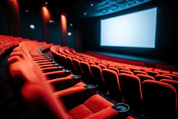Empty Red Seats in a Movie Theater with a Blank Screen