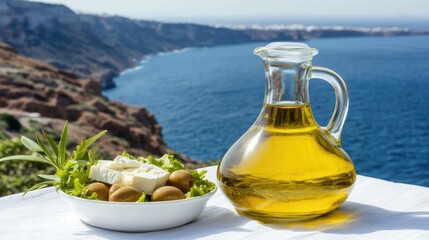 Obraz premium A vibrant Greek salad featuring fresh feta cheese, tomatoes, and olives is served beside a bottle of olive oil, with the stunning blue sea of Zakynthos in the background