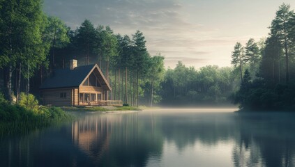 Fototapeta premium Cabin by the Lake in Misty Forest