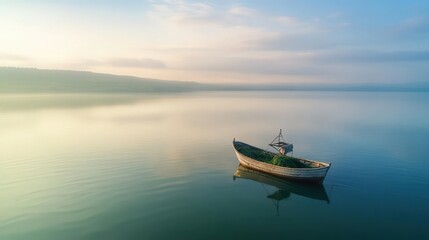 Naklejka premium A serene scene featuring a single boat floating on calm waters at sunrise, surrounded by soft pastel colors and mist.