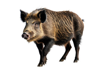 Full body wild boar, positioned center frame on a pristine white background, snout uplifted, eyes focused quietly asserting dominance