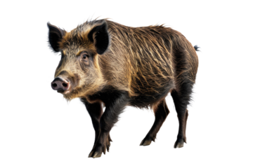 Full body wild boar, positioned center frame on a pristine white background, snout uplifted, eyes focused quietly asserting dominance