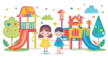 Obraz premium A colorful and playful illustration of two children standing in front of a vibrant playground, featuring slides, trees, and fun shapes. Perfect for children's themes, education, and playtime projects