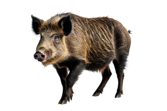 Full body wild boar, positioned center frame on a pristine white background, snout uplifted, eyes focused quietly asserting dominance