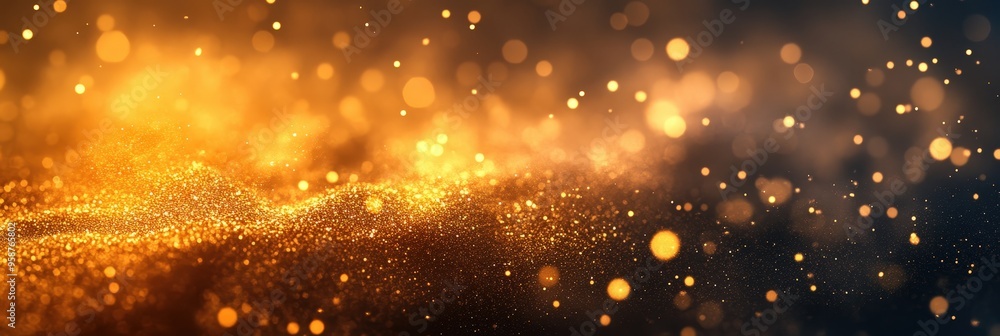 Poster sparkling golden abstract bokeh with warm glowing particles in soft focus background