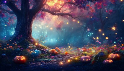 Beautiful Halloween background with old trees in magical forest, surrounded with pumpkins, jack-o-lanterns and fireflies. 
