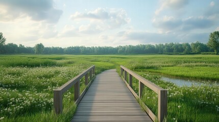 A serene landscape featuring a wooden bridge over a lush green field, surrounded by blooming flowers and a clear blue sky.