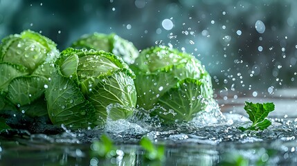A fresh and dynamic image of green cabbage heads splashing in water droplets, creating a vibrant and refreshing scene. Ideal for food, culinary, and healthy eating concepts.