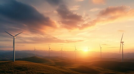 Fototapeta premium Breathtaking sunset view over a wind farm, showcasing renewable energy in a serene landscape with wind turbines and colorful sky.