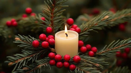 Świeca umieszczona wśród gałęzi świerku, z dodatkiem czerwonych jagód jako dekoracji. Świeca emituje ciepłe światło, które kontrastuje z zielenią igieł i intensywną czerwienią jagód