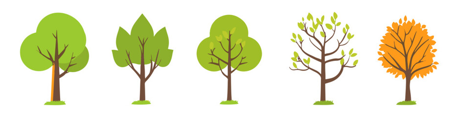 Obraz premium Tree and leaf collection hand drawn flat design element. botanical set of bare trees and ones with leaves and lush limited pastel color