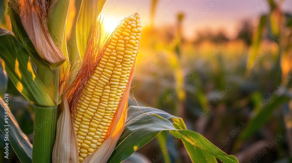 Wall mural golden corn cob in a field of green