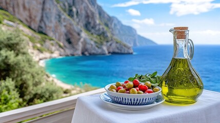 Obraz premium A vibrant Greek salad featuring fresh feta cheese, tomatoes, and olives is served beside a bottle of olive oil, with the stunning blue sea of Zakynthos in the background