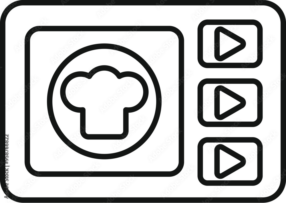 Poster online cooking course displaying chef hat icon and play buttons for video lessons