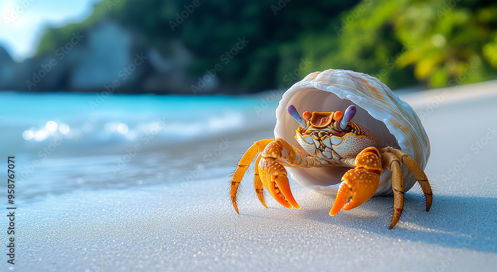 Poster a crab is sitting in a shell on a beach. the shell is open, and the crab is looking out of it. the s