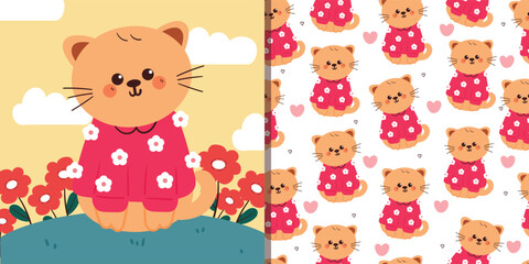 card and pattern of cartoon cat with flowers. cute spring card and wallpaper for fabric print, gift wrap paper
