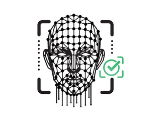 Face recognition icon, identity system recognize. Security digital scanner verification and identification.Biometric human analysis vector symbol. Machine learning systems, accurate facial recognition