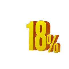 3d illustration of golden number 18 percent or 18% isolated on white background. 3d render.