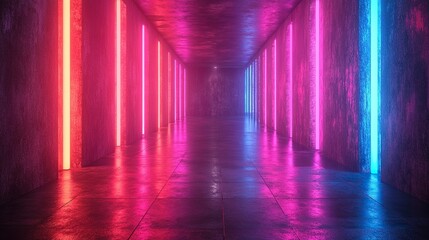 animation abstract backgroun with pink an blue neon lines go up from left to right reflection on the floor