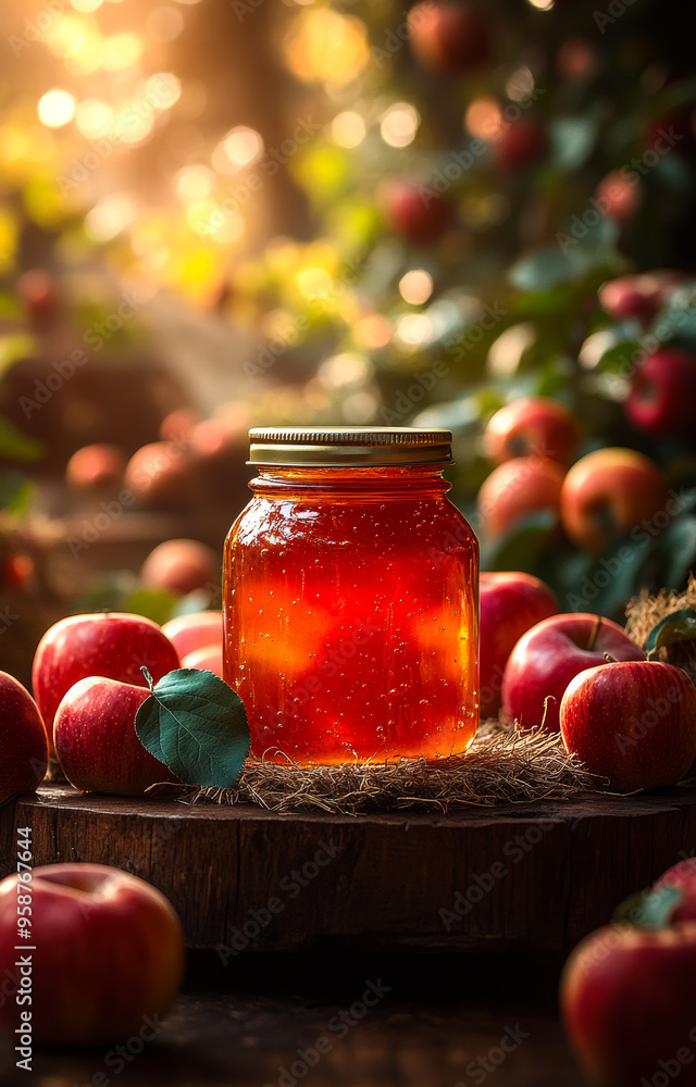 Poster a jar of honey is sitting on a wooden table with several apples around it. the jar is filled with a 