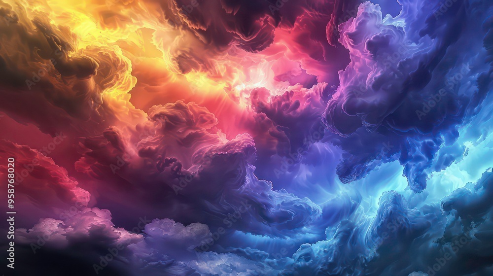 Poster abstract background of swirling colorful clouds with light shining through.