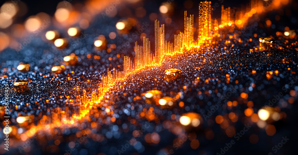 Poster a computer generated image of a cityscape with a lot of gold and orange. the image has a futuristic 