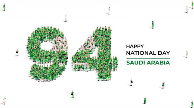 September 23 Happy National Day Saudi Arabia Design. A large group of people form to create the number 94 as KSA celebrates its 94th National Day on the 23rd of September. 4K Video animation.