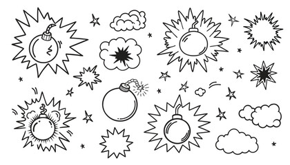 Comic bomb boom vector element. Hand drawn cartoon explosion bomb effect, splash, exclamation smoke element. Vector illustration.