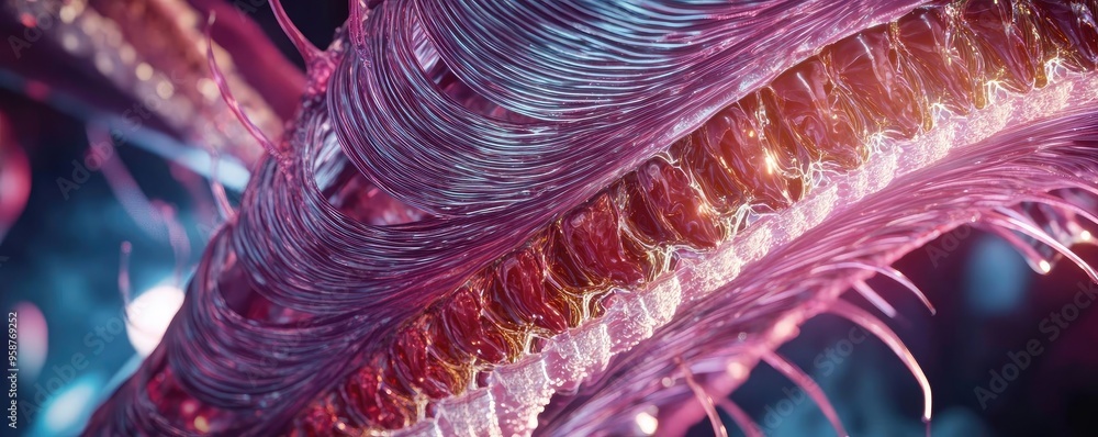 Aufkleber a detailed close-up of vibrant, abstract biological structures with intricate textures and luminous 